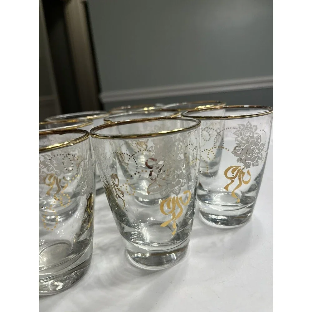8 Vintage LIBBEY WHITE gold floral Juice GLASSES, 5 oz, flared